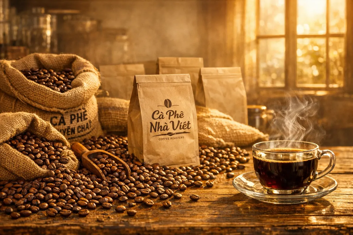 Cà phê Phi Hổ — hạt rang tươi và tách cà phê